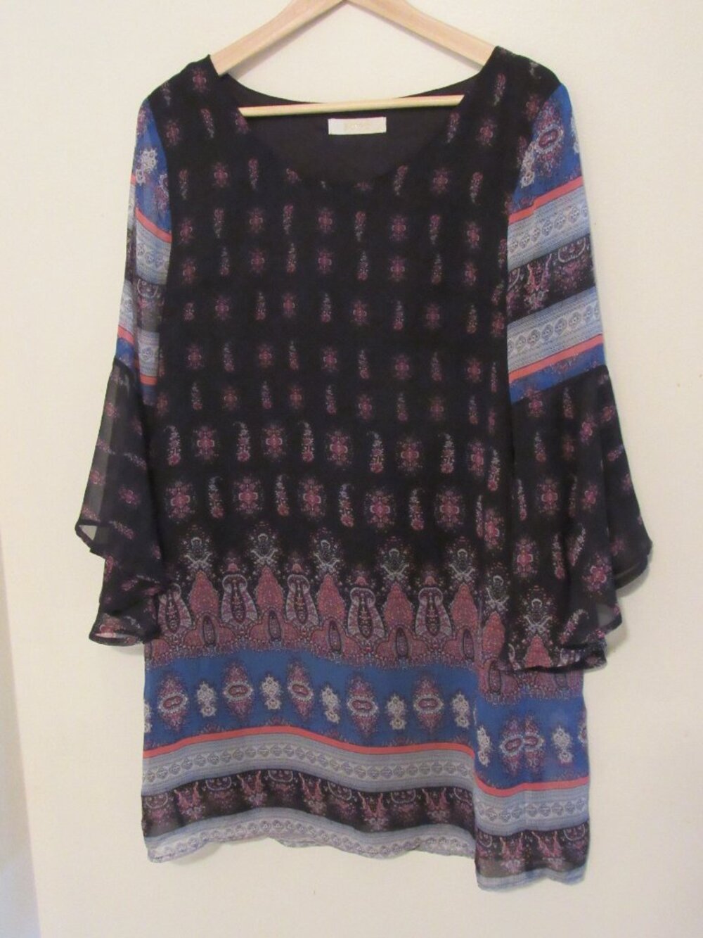 Entro Tunic Top Medium Multicolor Print Flutter Long Sleeve 80s Boho